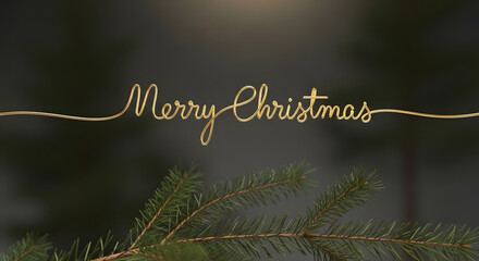 Golden wire Merry Christmas text in elegant cursive font gracefully suspended above a blurred evergreen branch