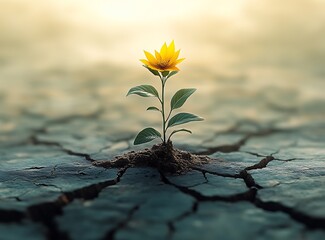 Single yellow flower blooming from cracked dry earth against soft light single flower