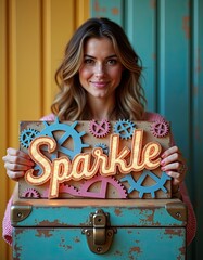 hand typography sparkle with proud, woman, vintage, box, geometric, scheme, signs