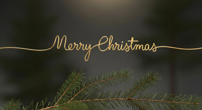 Golden wire Merry Christmas text in elegant cursive font gracefully suspended above a blurred evergreen branch