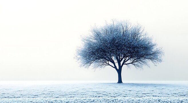 Solitary bare tree covered in frost on a white snowy field winter