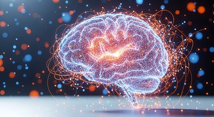 A glowing digital brain with neural network connections, representing artificial intelligence, machine learning, and the future of technology