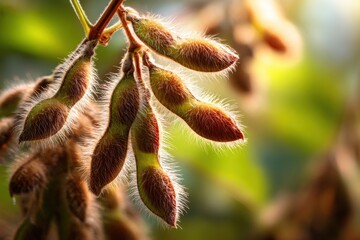 Close up of soybean pods illuminated by sunlight