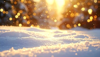 Snowy Landscape with Golden Bokeh and Warm Sunlight.