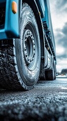 Close up of truck wheels and chassis on the wet road