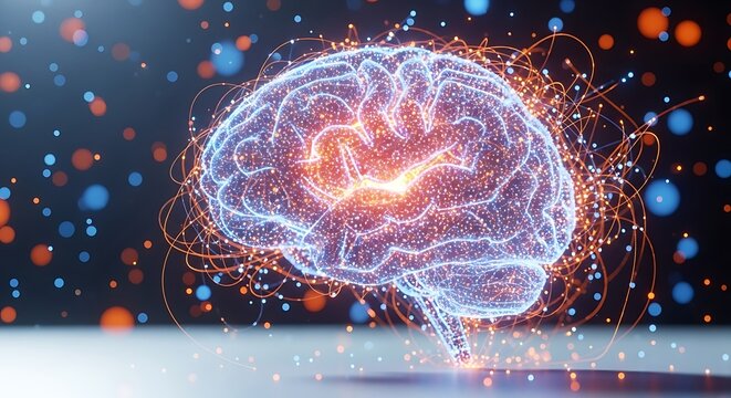 A glowing digital brain with neural network connections, representing artificial intelligence, machine learning, and the future of technology