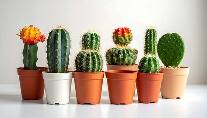Assorted potted cacti in terracotta and white pots sit on a white surface against a light grey background