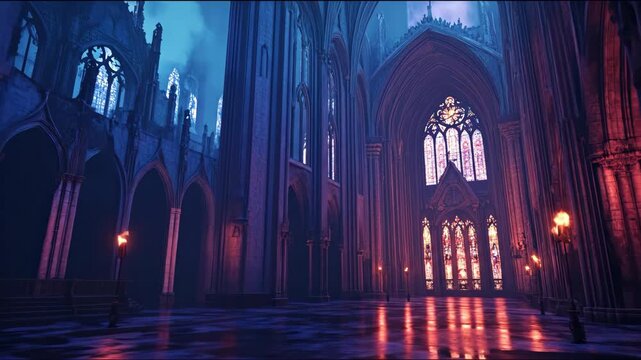 Dramatic gothic cathedral interior with lighting and architectural details