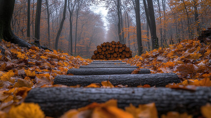 Peaceful autumn forest with vibrant foliage and stacked logs