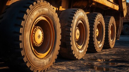 Close-up of mining truck tires in outdoor sunlight