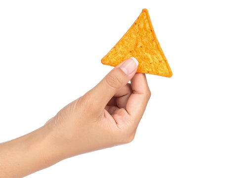 Hand holding nacho chip tortilla snack food isolated background on transparent background