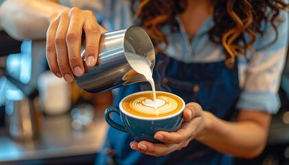 Barista crafts a latte heart design, gently pouring steamed milk into blue mug against a blurred cafe backdrop