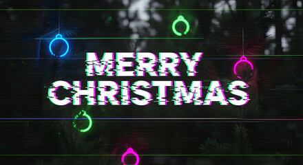 Merry Christmas text with a digital glitch effect and glowing neon ornaments on a dark background