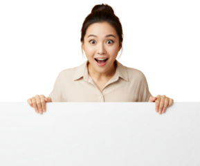 Thrilled asian woman displaying a blank white board with a transparent background