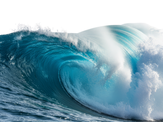 Majestic aquamarine wave cresting with explosive white foam against transparent air