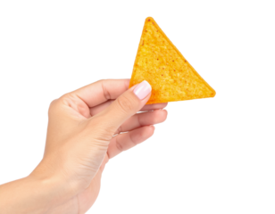 Hand holding tortilla chip isolated on black background snack on transparent background