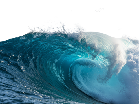 Powerful ocean wave with foamy crest, dynamic movement, transparent cutout for versatile design use