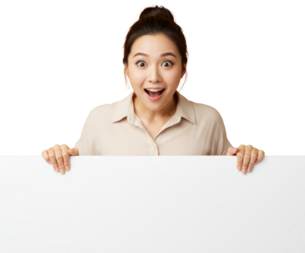 Thrilled asian woman displaying a blank white board with a transparent background