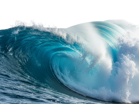 Majestic aquamarine wave cresting with explosive white foam against transparent air