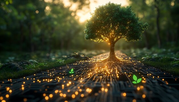 Tree with glowing roots on circuit board path in forest sunlight technology nature