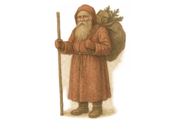 Vintage santa claus illustration depicting father christmas walking with a sack of gifts and a staff, transparent background