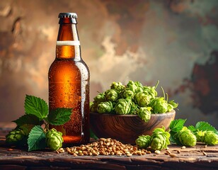 An amber beer bottle stands next to hops in a wooden bowl on a rustic wooden surface. Warm, inviting, and tasty
