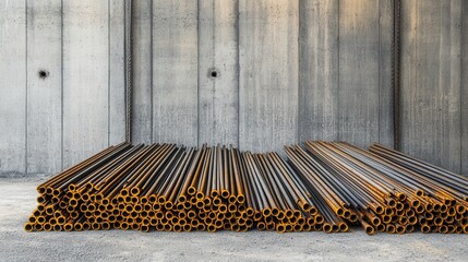 Horizontal steel rods stacked against a concrete wall