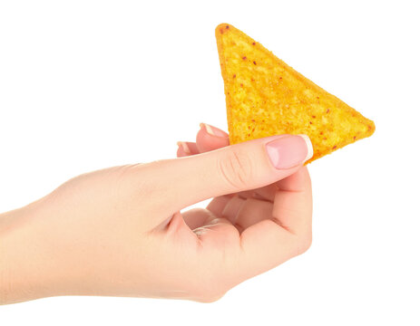 Hand holding doritos tortilla chip snack food photography close up on transparent background