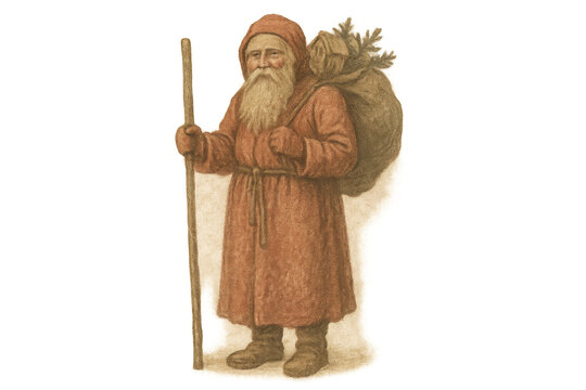 Vintage santa claus illustration depicting father christmas walking with a sack of gifts and a staff, transparent background