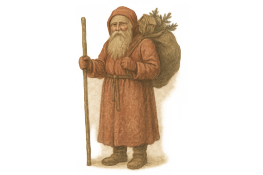 Vintage santa claus illustration depicting father christmas walking with a sack of gifts and a staff, transparent background - Powered by Adobe