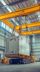 Industrial heavy crane lifting a large container in a warehouse