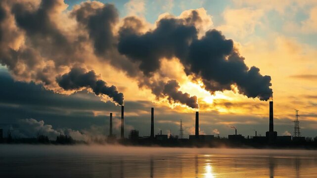Industrial landscape at sunset with smoke rising from factories near a calm body of water