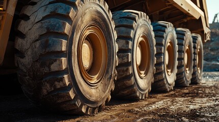 Large Mining Truck Wheels Arranged Outdoors Close Up