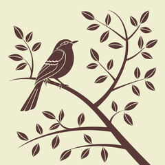 Illustration of a bird on a branch in brown color isolated on