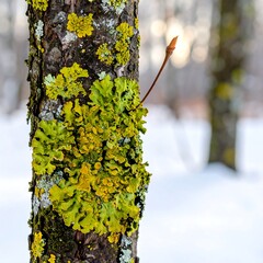 Bark covered with yellow & green lichen in snowy woods, a small branch extending towards the soft, bright background