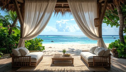 "Elegant beachfront cabana with white curtains, wicker lounge chairs, and ocean view under sunny sky"