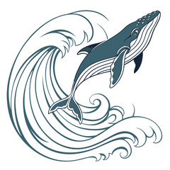 Humpback whale jumping out of the ocean wave isolated on