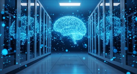 Artificial intelligence brain glowing in server room, conceptual image of neural network and machine learning in data center with blue lights
