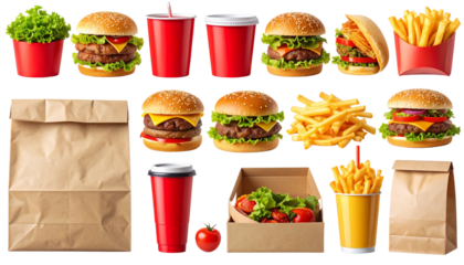 1:  Fast Food Delivery Collection with Burgers, Fries, and Drinks, isolated on transparent background