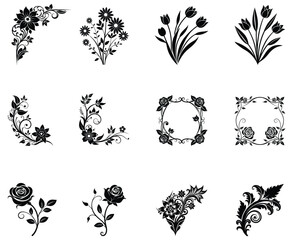 Elegant Black Floral Ornament Set Vintage Flowers, Corners & Decorative Frames Silhouette Collection