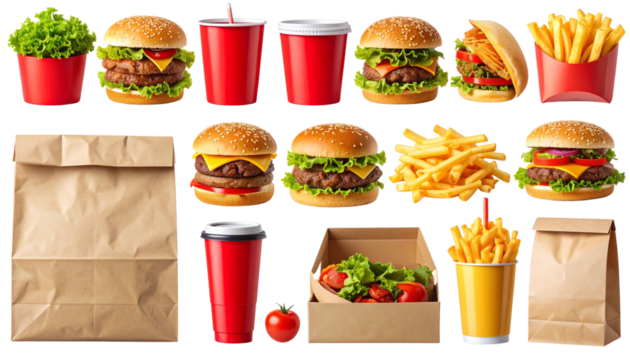 1:  Fast Food Delivery Collection with Burgers, Fries, and Drinks, isolated on transparent background