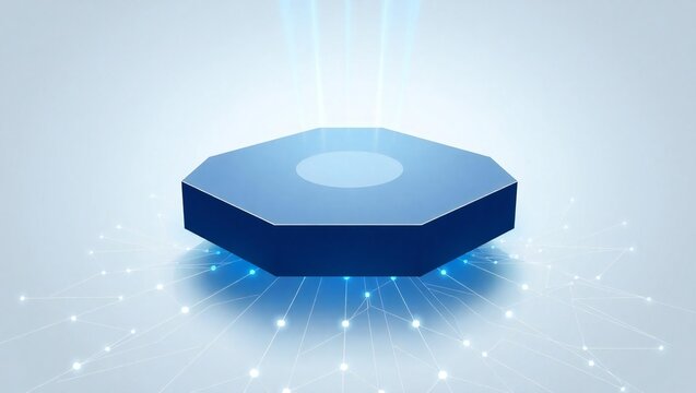 Futuristic blue octagonal platform with glowing lights and digital network