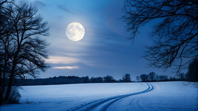 Full Moon Shining Brightly Over Snow Covered Field on a Cold Winter Night Under Dark Blue Skies