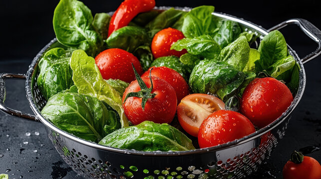 Fresh lettuce and ripe tomatoes in wet nder, vibrant salad ingredients