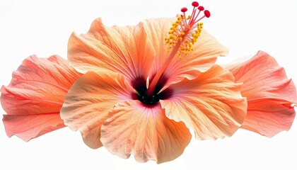 A detailed close-up of a peach-colored hibiscus flower, showcasing its intricate petals and reproductive parts against a stark white background.