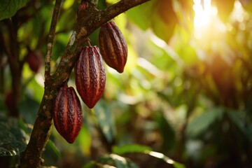 Ripe cocoa pods hanging on a tree in bright sunlight