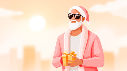 Modern Santa Claus holding a gift in a warm, sunny city. Stylish Christmas character illustration for a summer holiday or vacation concept with copy space