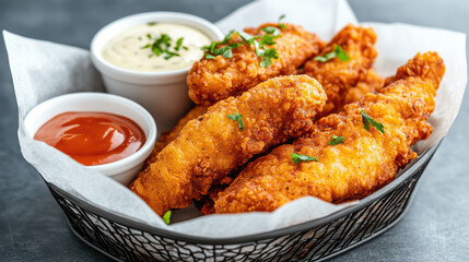 Fototapeta premium Crispy fried chicken tenders in basket with dipping sauces and parsley garnish