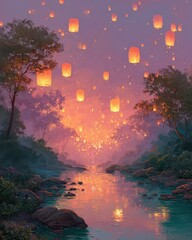 Serene Lantern Festival Over Tranquil River at Dusk with Nature's Beauty