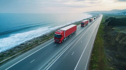 Red trucks convoy traveling along a coastal highway